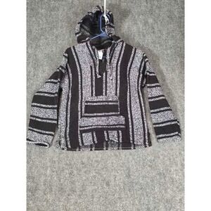 La Malinche Black White Striped Baja Hoodie Mexican Poncho Sm Casual Comfy Beach